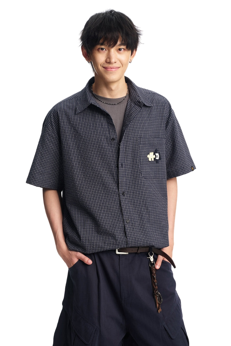Dangerouspeople DSP｜Puzzle Patch Gingham Drop‑Shoulder Short Sleeve Shirt