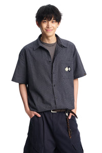 Dangerouspeople DSP｜Puzzle Patch Gingham Drop‑Shoulder Short Sleeve Shirt
