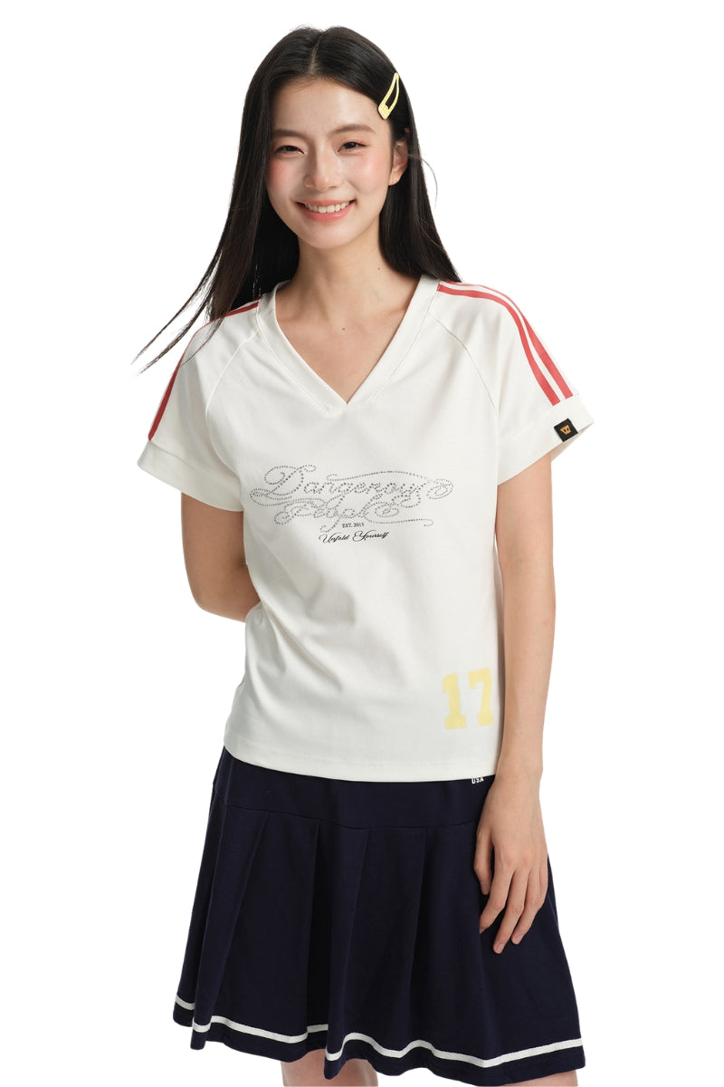 DangerousPeople｜V‑Neck Letter Print Vintage Jersey‑Style Cool‑Touch T‑Shirt