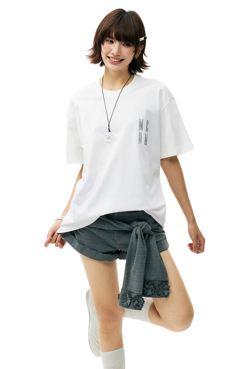 MEDM 3D Rhinestone Letter Heavy Cotton T-shirt Unisex