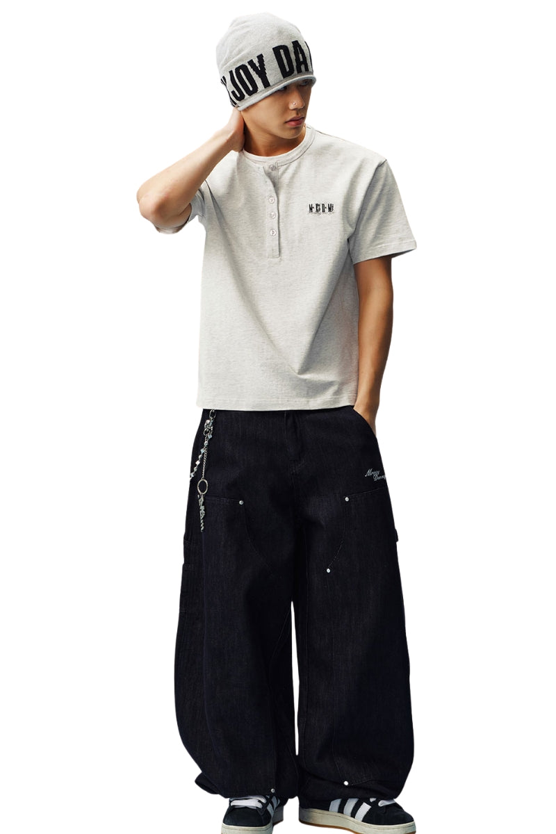 MEDM Henley Embroidery Fake Two-Piece Tee