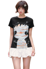 MEDM X YUY Yu Big Face Print Women Slim Fit Crew Neck T-Shirt