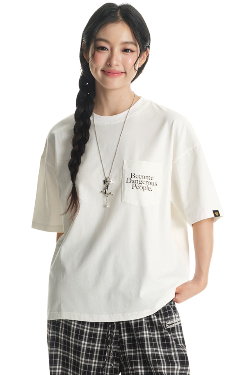 DangerousPeople DSP Letter Print Pocket Loose‑Fit Crew Neck Tee