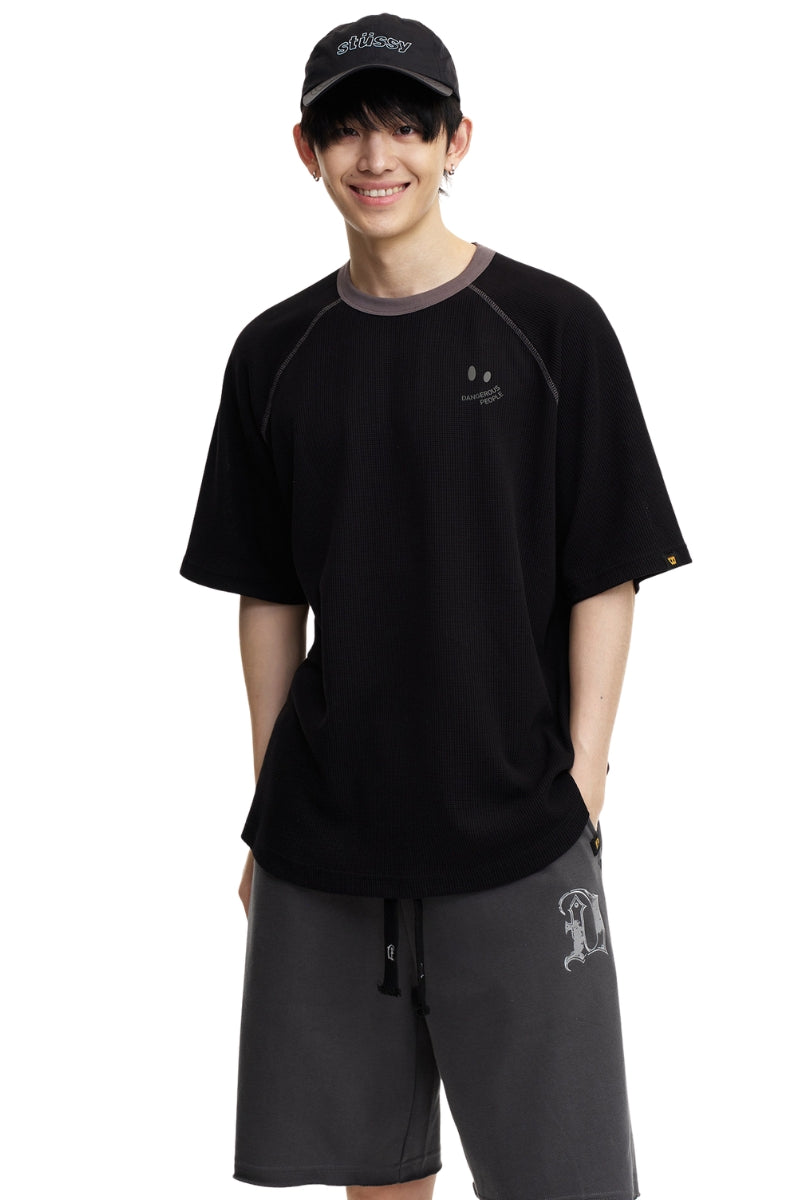 Dangerouspeople DSP Waffle Contrast Drop‑Shoulder Retro Casual Top