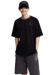 Dangerouspeople DSP Waffle Contrast Drop‑Shoulder Retro Casual Top