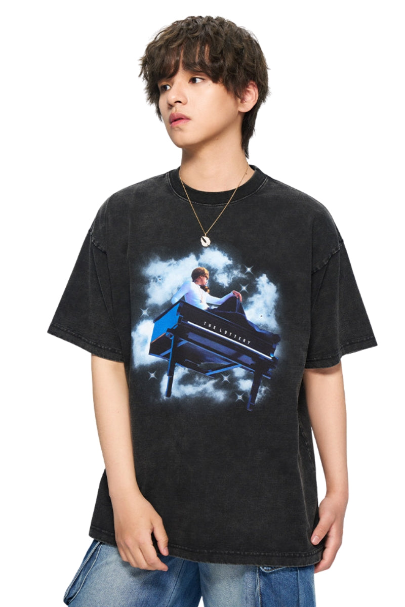 AFGK  Maswei Portrait Vintage Wash Tee Unisex American Casual T-shirt