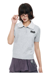 MEDM Detachable Lace Collar Knit Polo Women Summer Tee