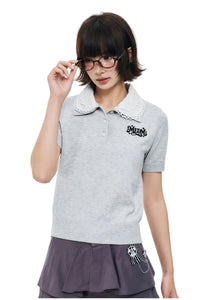 MEDM Detachable Lace Collar Knit Polo Women Summer Tee