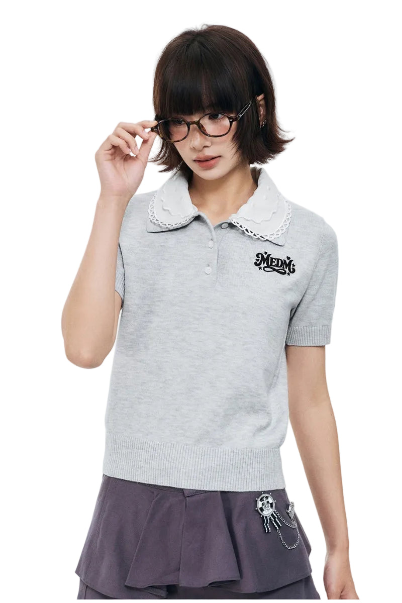 MEDM Detachable Lace Collar Knit Polo Women Summer Tee