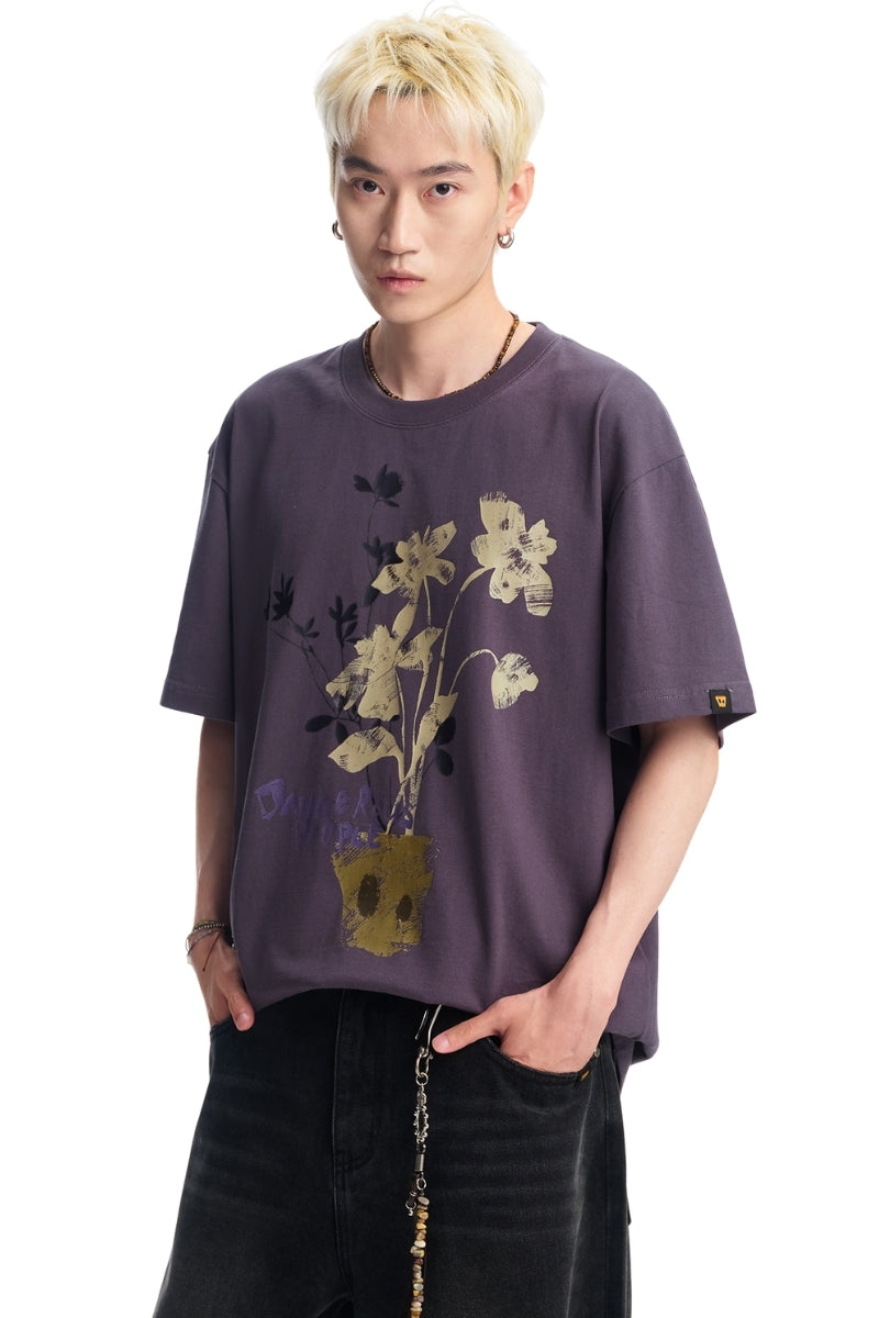 Dangerouspeople DSP Rub‑Print Hand‑Drawn Flower Graffiti Loose T‑Shirt