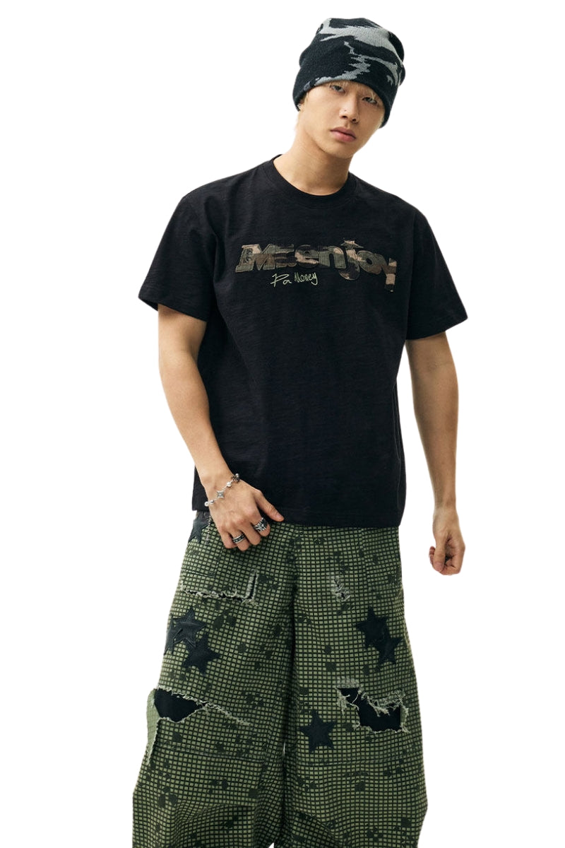 MEDM Camo Print Patch Embroidery Slub Cotton Crew Neck Tee