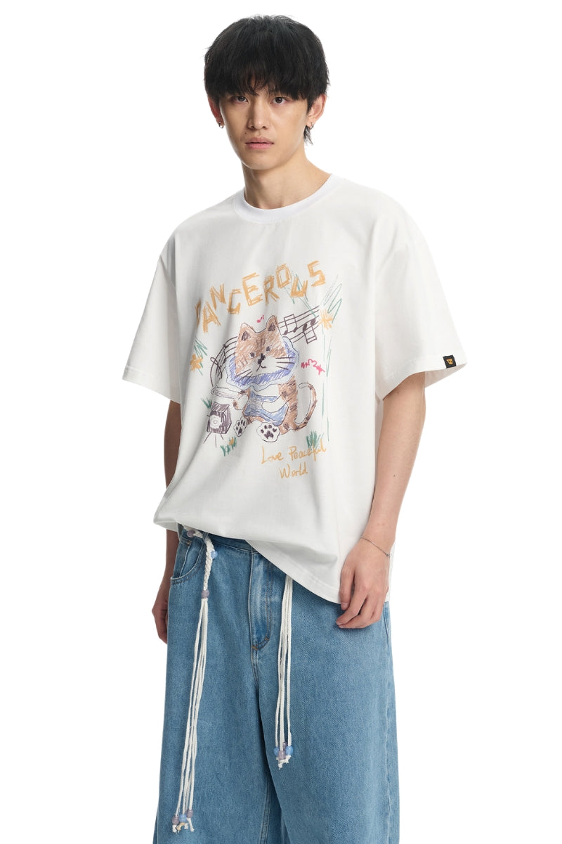 Dangerouspeople DSP Hand‑Drawn Guitar Cat Cotton Couple Tee