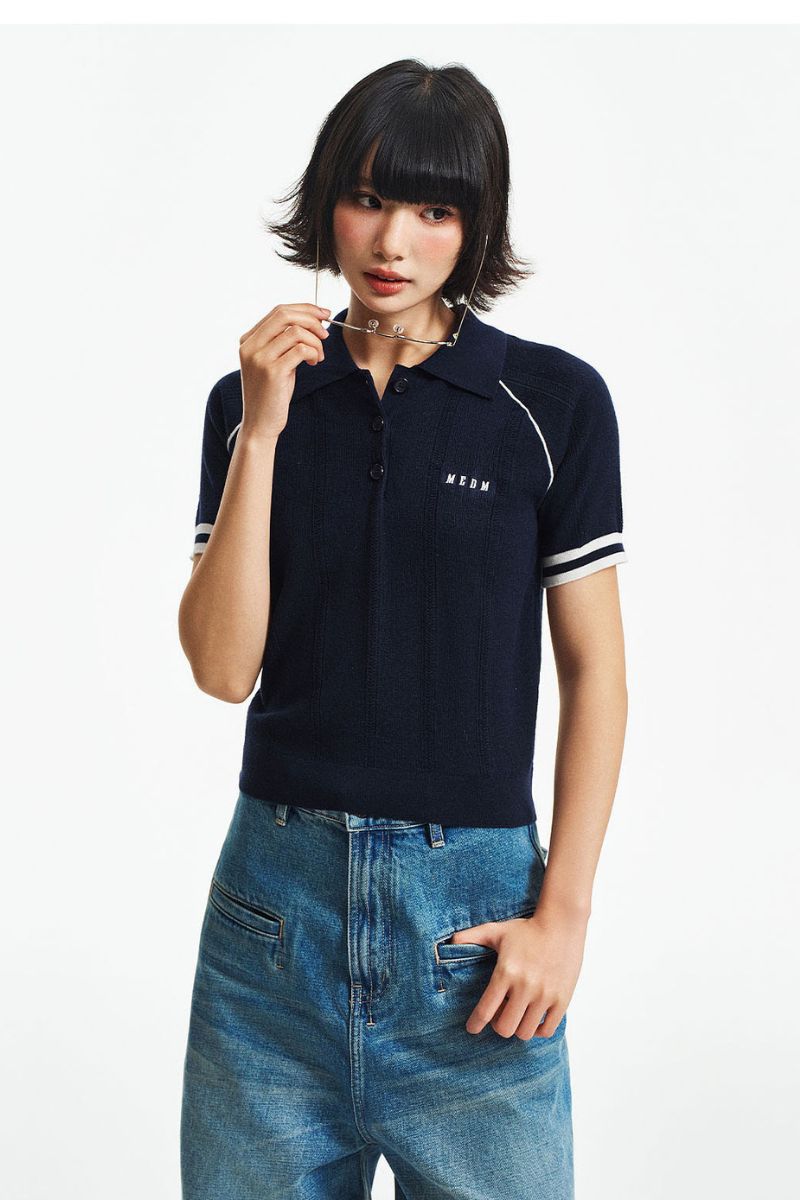 MEDM Embroidered Small LOGO Color-Block Embedded Striped Short-Sleeve POLO