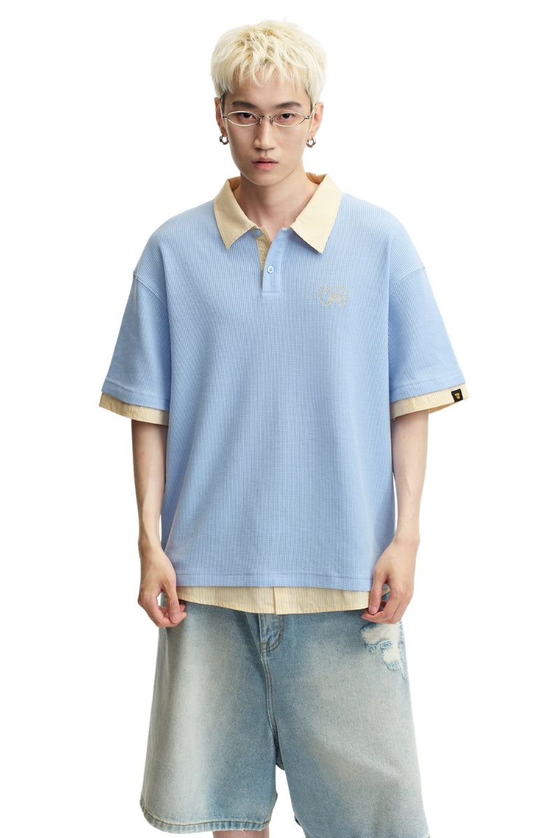 DangerousPeople DSP｜Fake Two‑Piece Dog Embroidery Oversized Drop‑Shoulder Polo Shirt