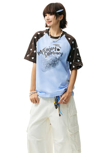 MEDM Washed Strawberry Print Raglan Polka Dot Heart T-shirt