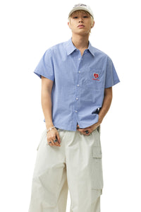 MEDM Heart Brush Embroidery Plaid Loose Short Sleeve Shirt