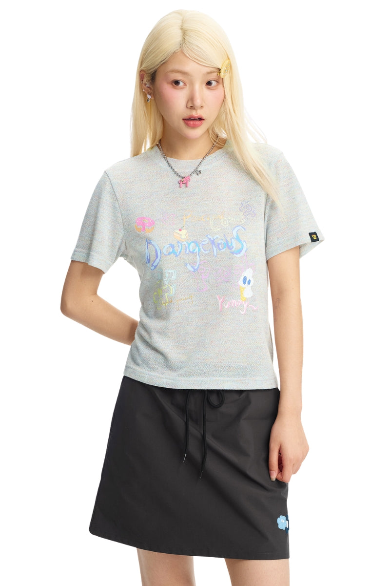 Dangerouspeople DSP Puzzle Dessert Hand‑Draw Print T‑Shirt | Drop‑Shoulder Streetwear Women Tee