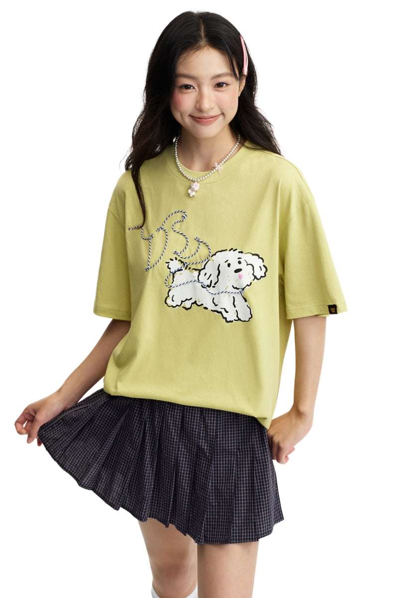 Dangerouspeople DSP Cording Embroidery Letter Puppy T‑Shirt Loose Casual Streetwear Unisex Tee