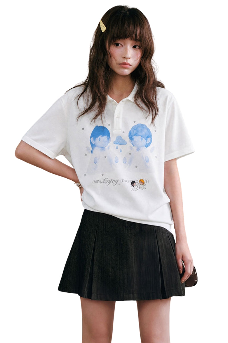 MEDM 3D Angel Glitter Star Contrast Oversized Couple Polo