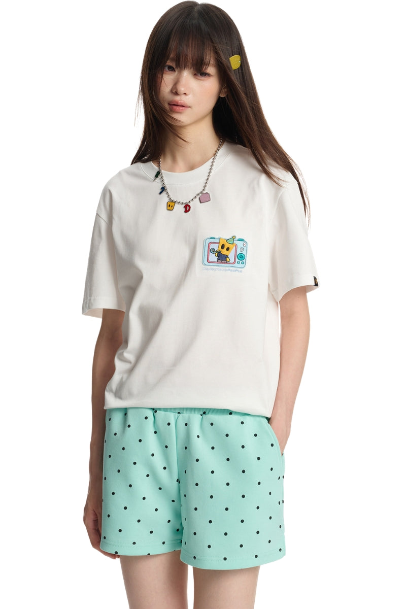 Dangerouspeople｜Fun Small‑D Camera Print Drop‑Shoulder Couple T‑Shirt