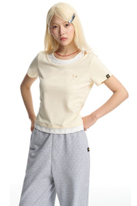 DangerousPeople｜Spliced Mock Two‑Piece Color‑Block Women’s T‑Shirt