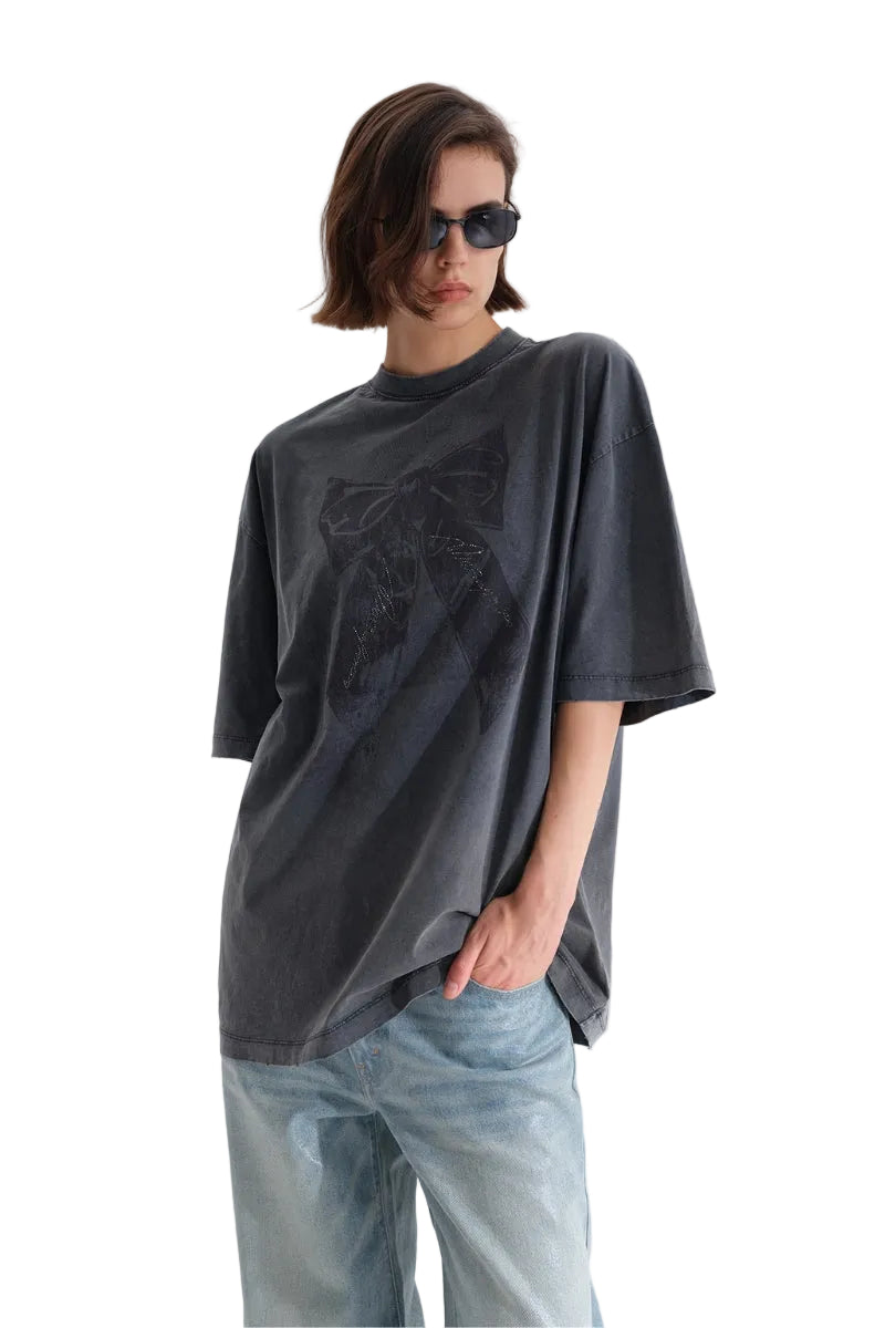 MASONPRINCE Bow Rhinestone Printed Washed Tee