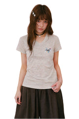MEDM Cropped V-Neck Star Swirl Patch Embroidery Slim Top