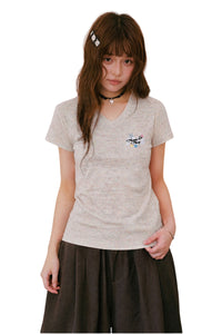 MEDM Cropped V-Neck Star Swirl Patch Embroidery Slim Top
