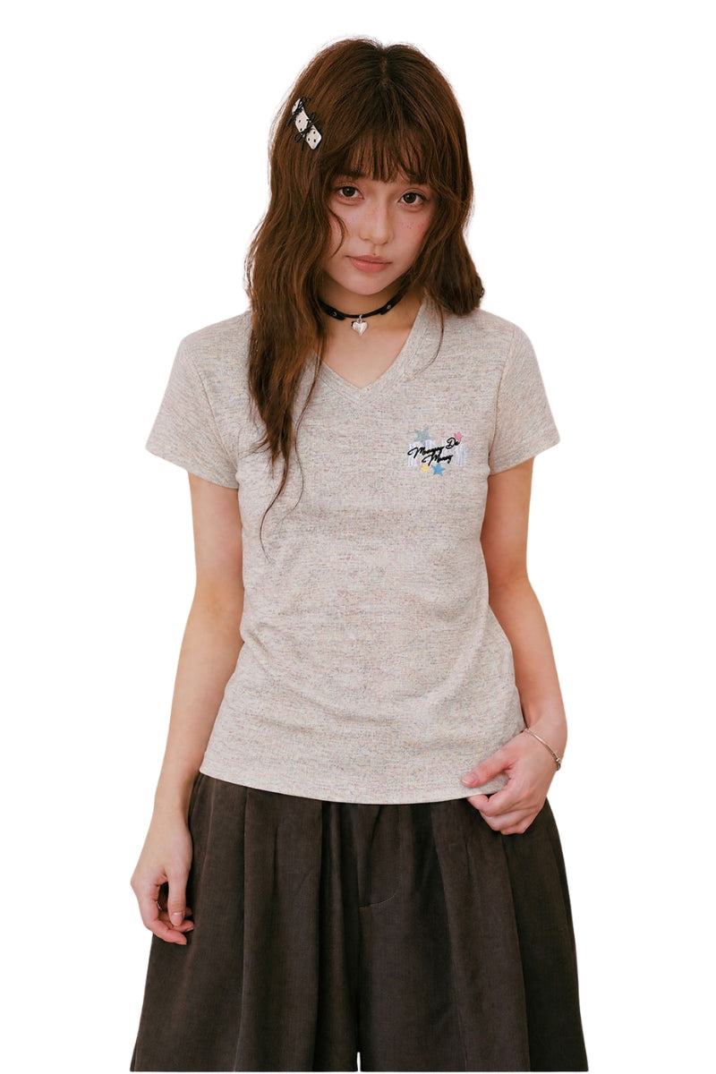MEDM Cropped V-Neck Star Swirl Patch Embroidery Slim Top