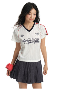 DangerousPeople DSP Color‑Block V‑Neck Letter Print Retro Sport Women Casual T‑Shirt