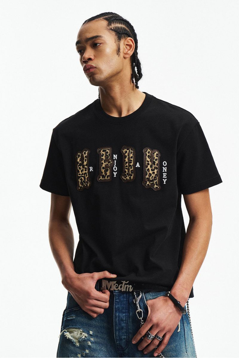 MEDM double skin leopard print chest four-word short sleeve T