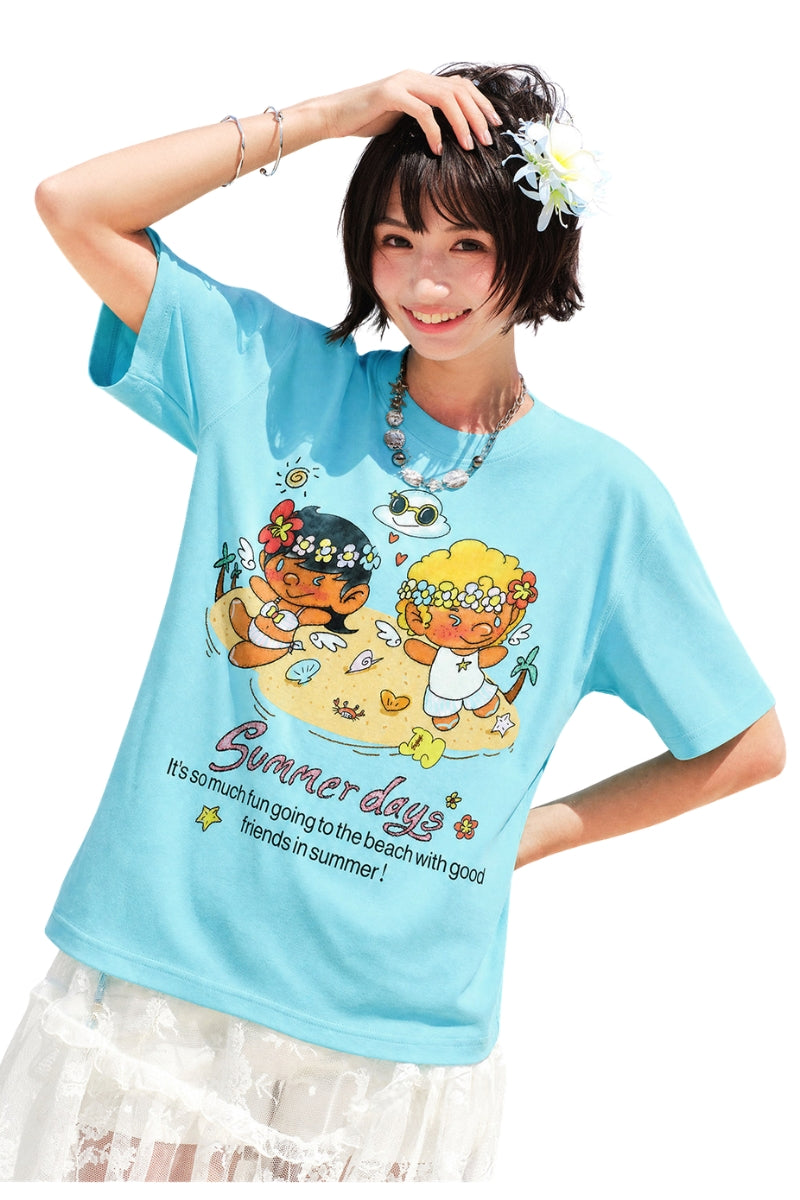 MEDM Angel Glitter Print Contrast Crew Neck Couple Tee