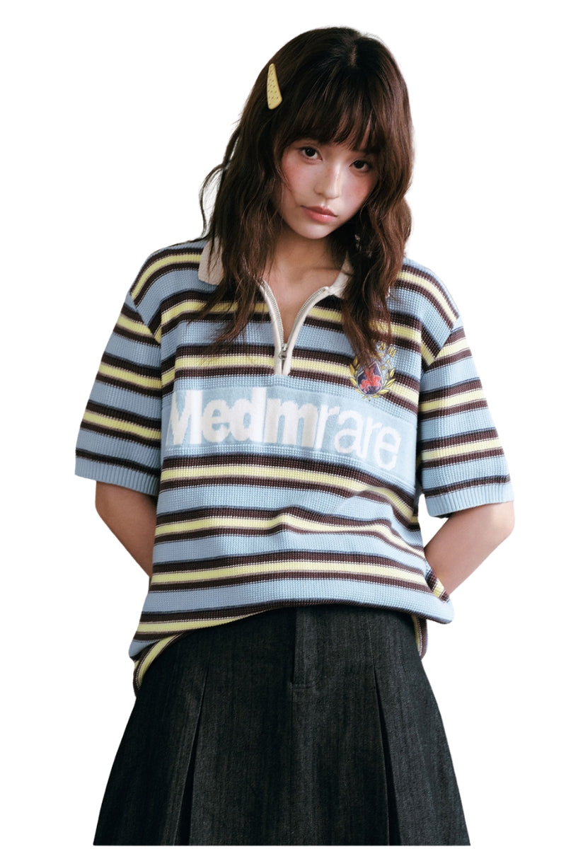 MEDM Striped Zip Polo Contrast Embroidery Couple Tee