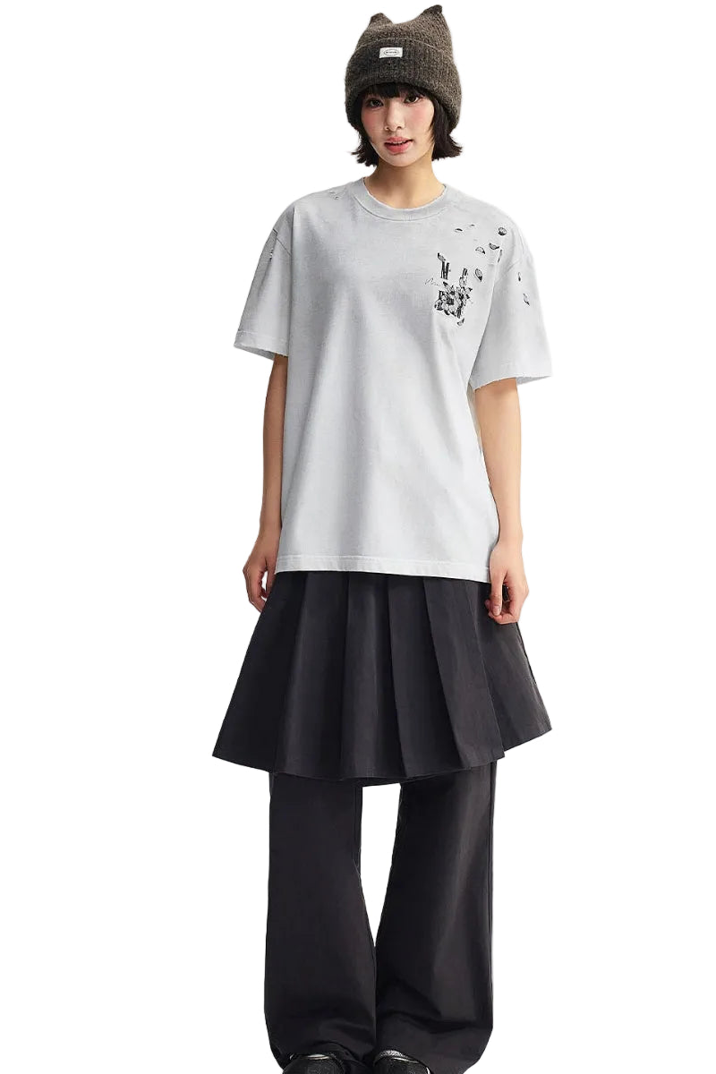 MEDM Vintage Washed Lily Print Oversized Unisex Crew Neck Tee