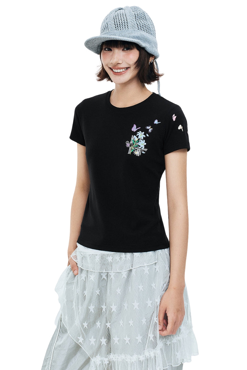 MEDM Butterfly Magnolia Embroidered Women's Tee