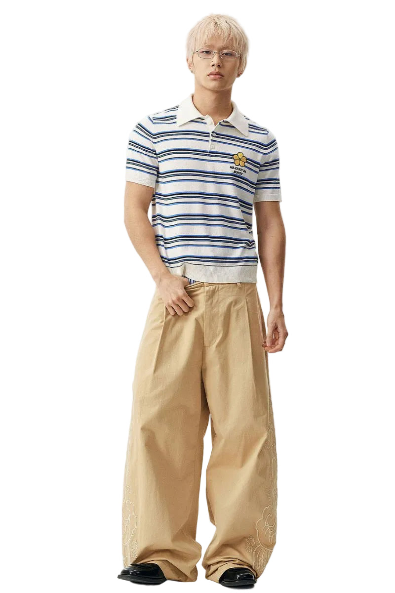 MEDM 3D Floral Stripe Knit Short Sleeve Polo Shirt for Men