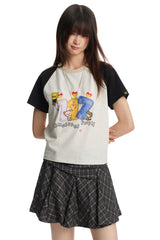 DangerousPeople｜Fun Letter Print Color‑Block Raglan Cotton T‑Shirt
