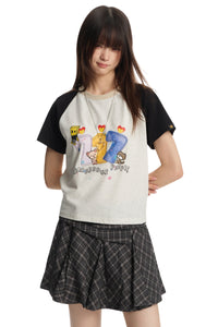 DangerousPeople｜Fun Letter Print Color‑Block Raglan Cotton T‑Shirt