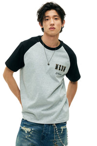 MEDM Contrast Raglan Leopard Leather Patch Vintage Tee