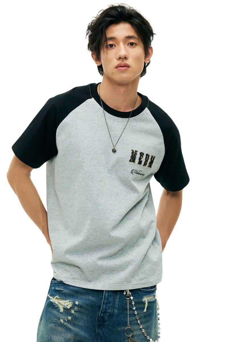 MEDM Contrast Raglan Leopard Leather Patch Vintage Tee