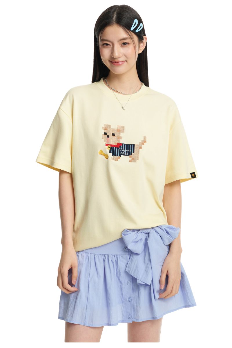 DangerousPeople DSP Vintage Dog Applique Embroidery Loose‑Fit Tee