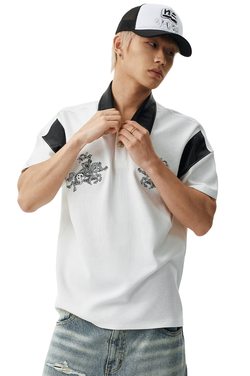 MEDM Letter Embroidered Waffle Spliced Leather Polo T-Shirt
