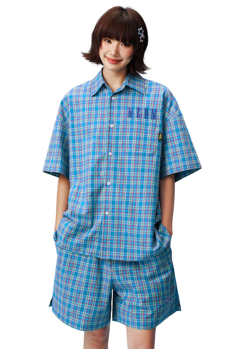 MEDM Vintage Preppy Embroidered Plaid Shirt Unisex Oversized Short Sleeve Top