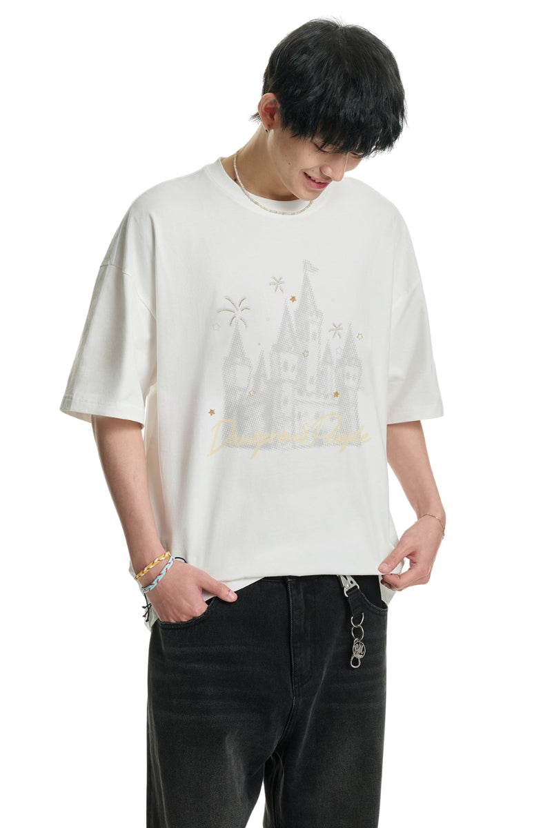 Dangerouspeople DSP Small‑D Castle Firework Embroidery Loose Tee