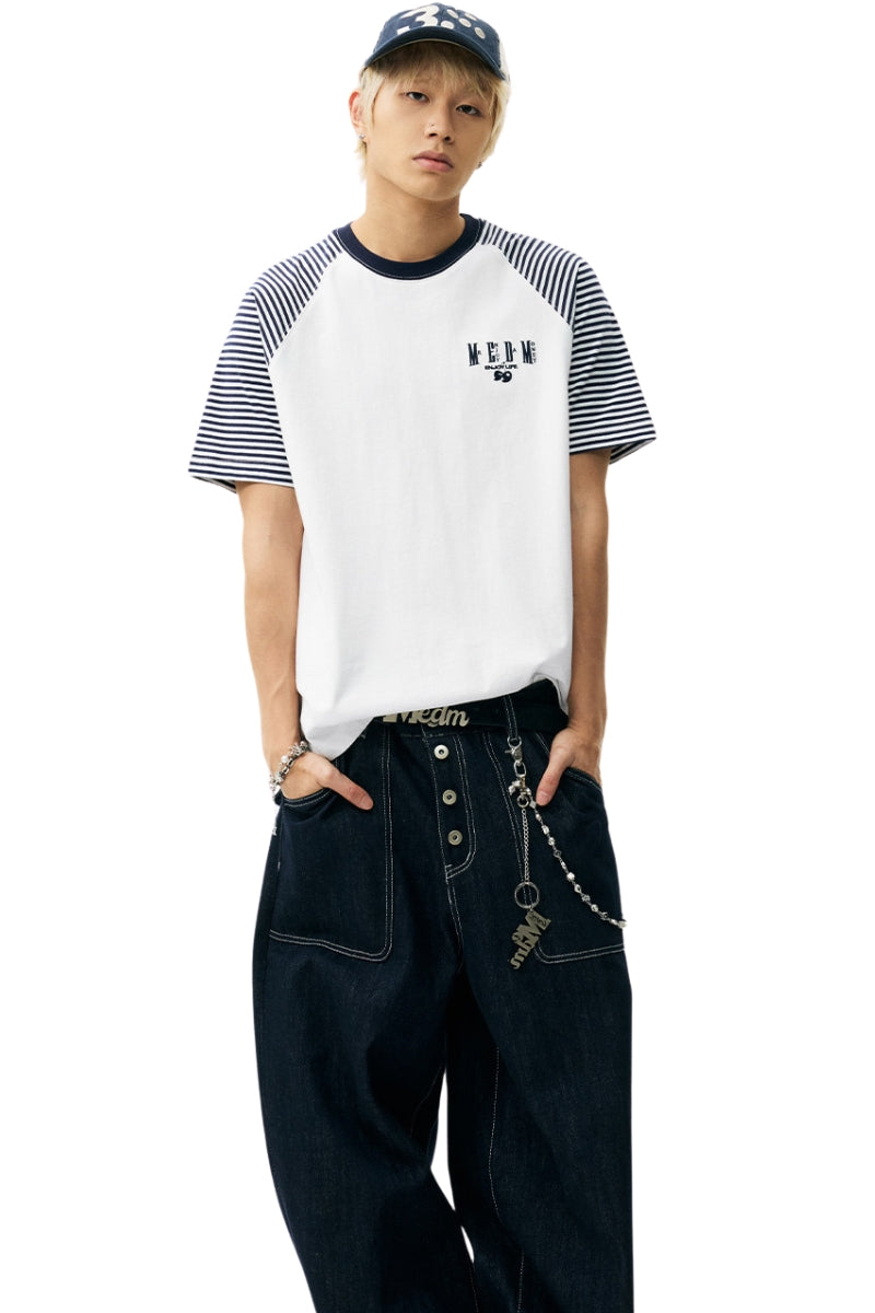 MEDM Stripe Raglan Embroidered Logo Loose T-shirt Men