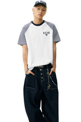 MEDM Stripe Raglan Embroidered Logo Loose T-shirt Men