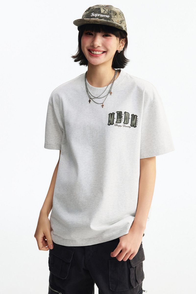 MEDM Vintage Leather Patch Oversized Unisex Crew Neck T-Shir