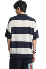 Dangerouspeople DSP Hollow‑Out Embroidery Spliced Stripe Loose Polo Tee