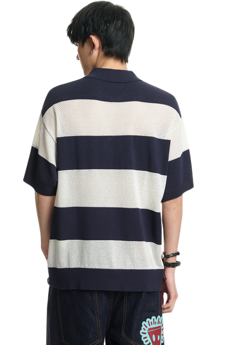 Dangerouspeople DSP Hollow‑Out Embroidery Spliced Stripe Loose Polo Tee
