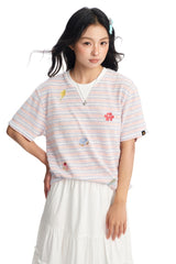Dangerouspeople DSP Fun Embroidery Dessert Stripe Drop‑Shoulder Unisex T‑Shirt